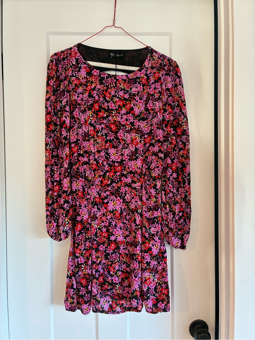 Zara Floral Long-Sleeve Mini Dress - Black & Pink Cut-out back whimsy Size Large